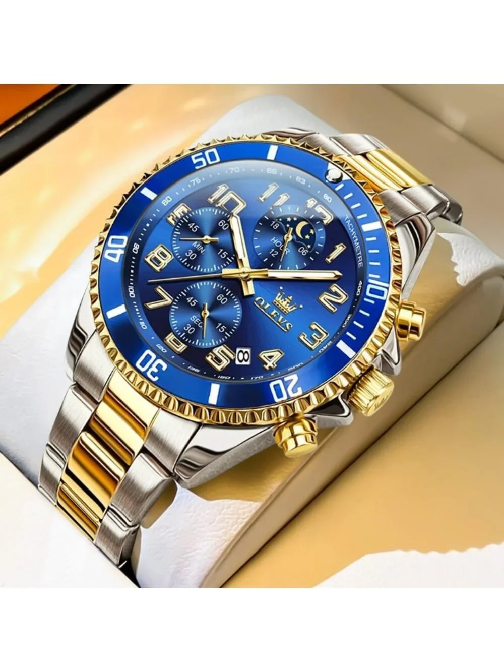 Mens Silver And Blue Stainless Chronograph Analog Quartz Waterproof Luxury Watch
